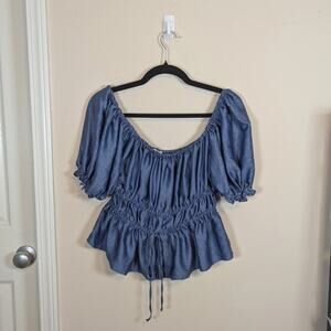 NSR Smocked Puff Sleeve Tie Front Off Shoulder Peplum Peasant Animal Print Top